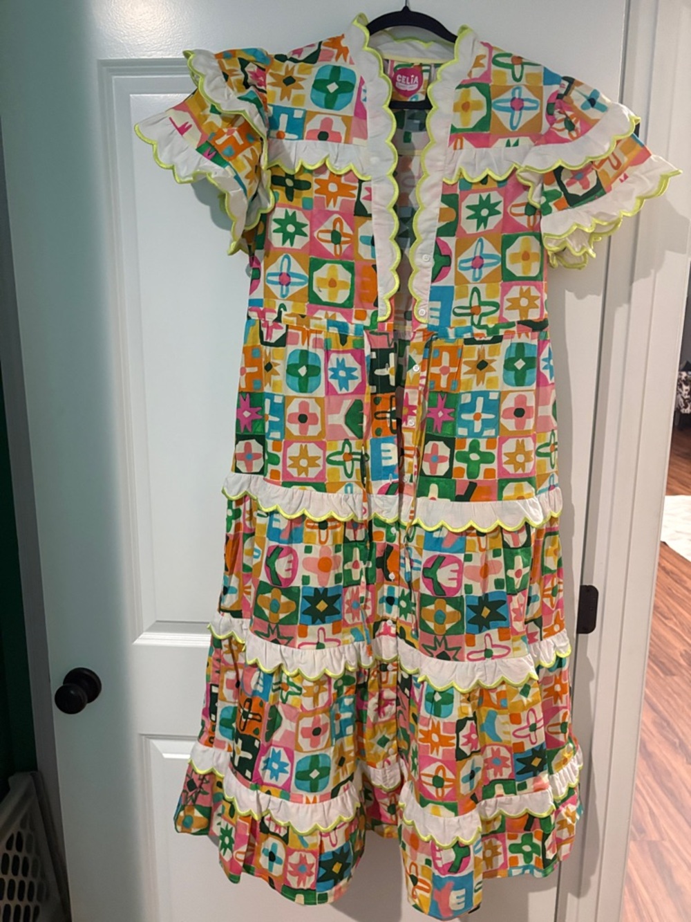 CeliaB Multicolor Geometric Maxi Dress with White & Yellow Trim